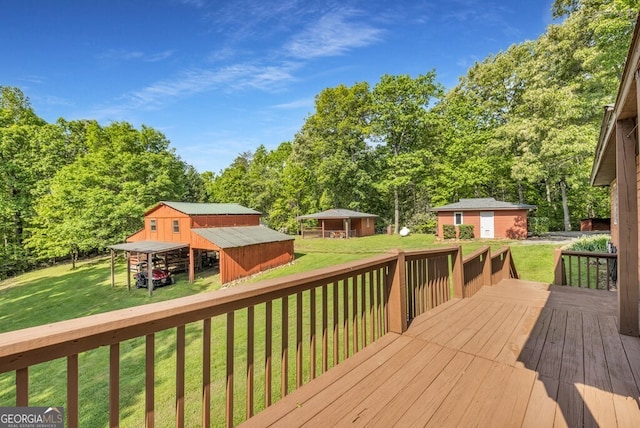 805 Quail Cove Cir, Warne, NC 28909 - wooden terrace featuring a yard, an outdoor structure, and view of scattered trees