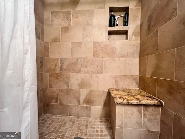 interior details with a shower with shower curtain