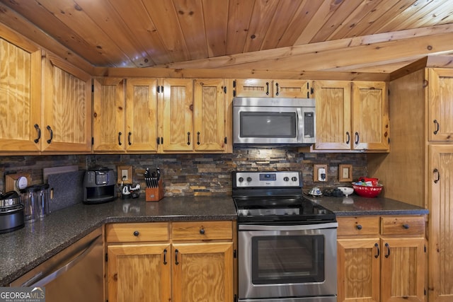 kitchen featuring appliances with stainless steel finishes, tasteful backsplash, wood ceiling, and vaulted ceiling