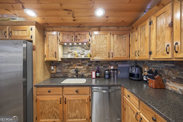 kitchen featuring wood ceiling, stainless steel appliances, backsplash, and sink