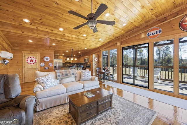 living room with ceiling fan, light wood-type flooring, wooden ceiling, wood walls, and lofted ceiling