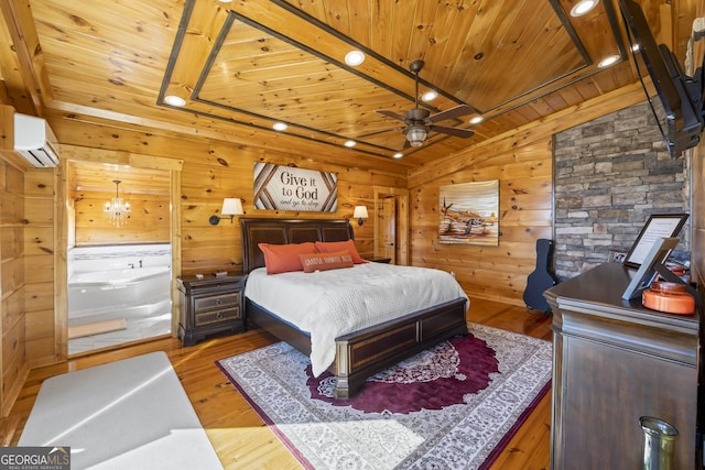 bedroom featuring lofted ceiling, wood walls, dark hardwood / wood-style flooring, wood ceiling, and a wall unit AC