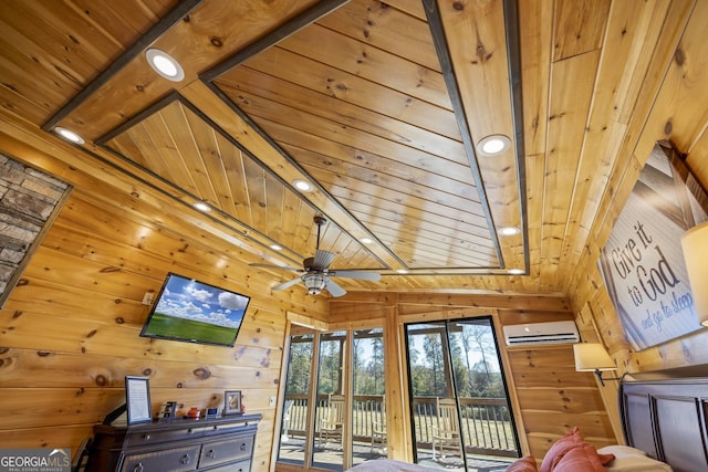 interior space featuring ceiling fan, wooden walls, beam ceiling, a wall mounted AC, and wood ceiling