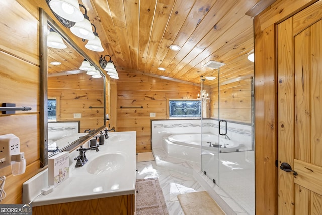 bathroom with lofted ceiling, tile floors, wooden walls, double vanity, and wood ceiling