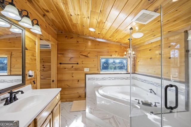 bathroom featuring tile floors, wooden walls, lofted ceiling, vanity, and wooden ceiling