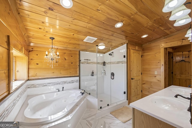 bathroom with an inviting chandelier, lofted ceiling, wood ceiling, dual bowl vanity, and shower with separate bathtub