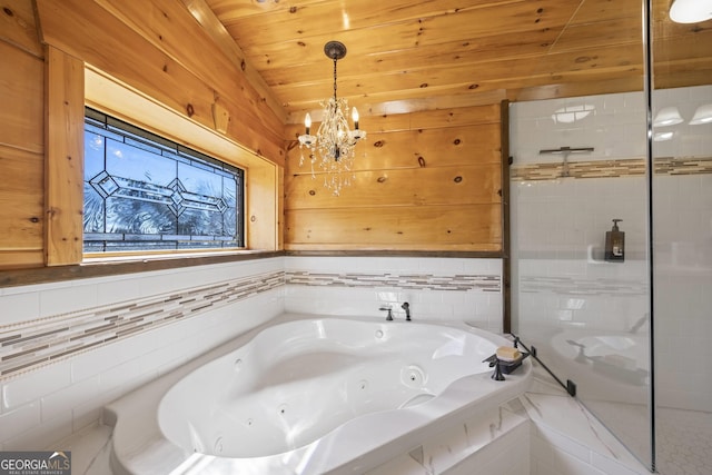 bathroom with wooden ceiling and a chandelier