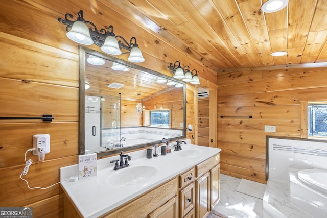 bathroom with double sink, wooden walls, a washtub, and wooden ceiling