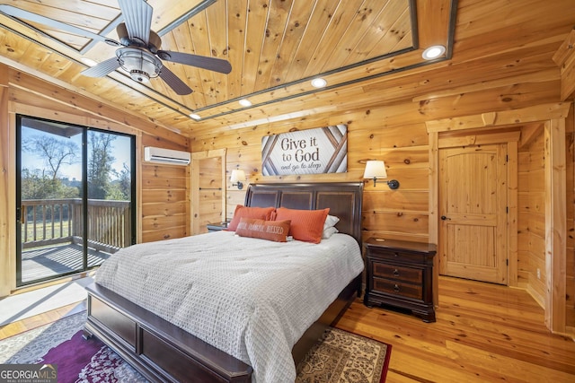 bedroom featuring wood walls, ceiling fan, wooden ceiling, and light wood-type flooring