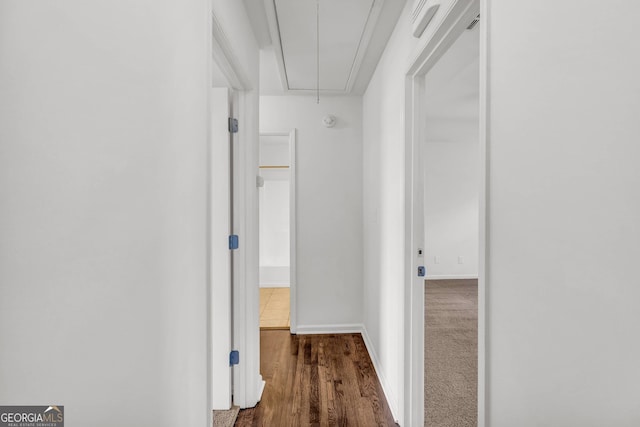 hall with dark colored carpet