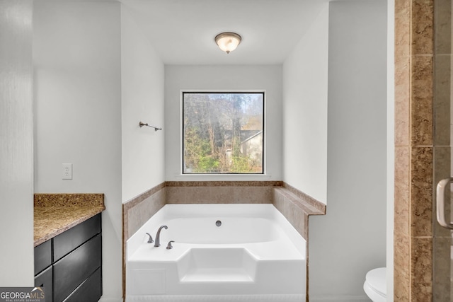 bathroom with vanity, a washtub, and toilet