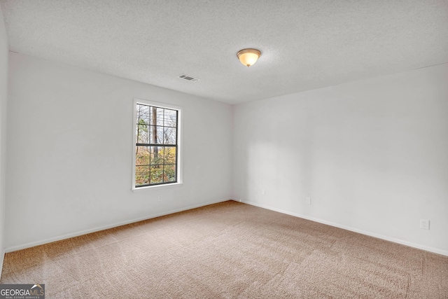 unfurnished room featuring a textured ceiling and light colored carpet