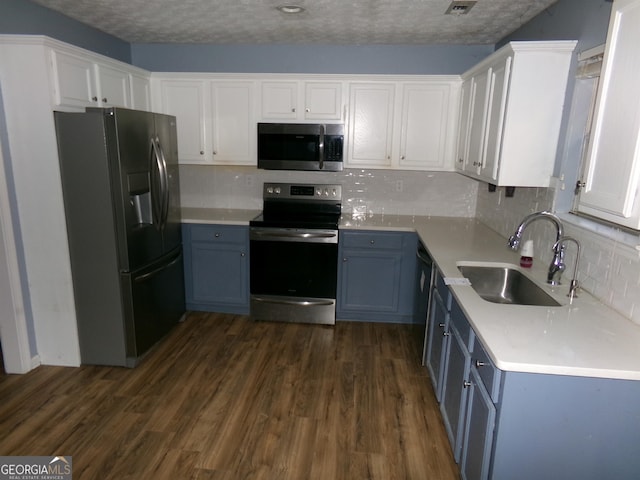 kitchen with blue cabinetry, tasteful backsplash, appliances with stainless steel finishes, and sink