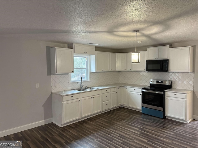 kitchen with stainless steel electric stove, sink, hanging light fixtures, and white cabinets