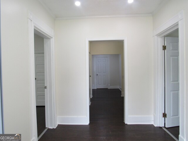 4154 Houston Ave, Macon, GA 31206 - hallway featuring baseboards, recessed lighting, crown molding, and dark wood-type flooring