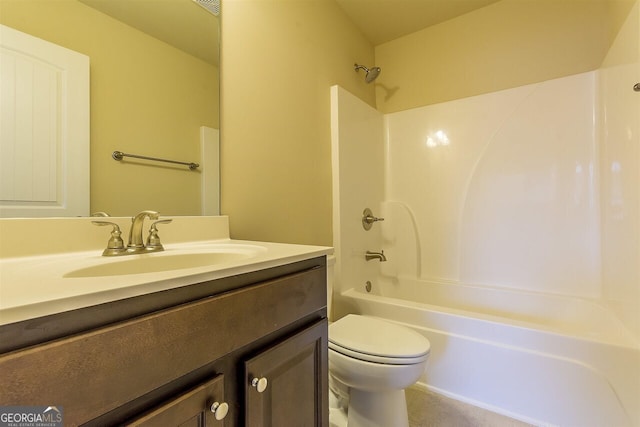 full bathroom with toilet, large vanity, and bathing tub / shower combination