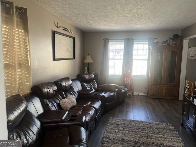 living room featuring dark wood-type flooring and a textured ceiling