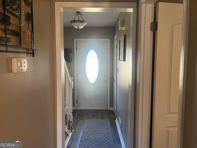 entryway with dark wood-type flooring