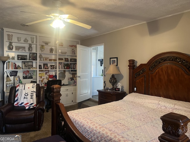 bedroom featuring ceiling fan, crown molding, and a textured ceiling