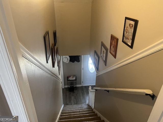 stairs with hardwood / wood-style flooring