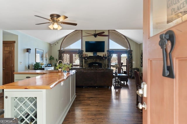 kitchen with ceiling fan, lofted ceiling, dark hardwood / wood-style floors, and butcher block counters