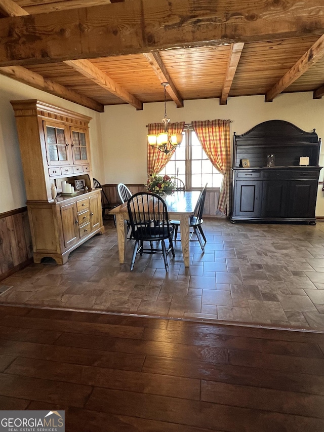 dining space featuring beamed ceiling, dark hardwood / wood-style flooring, an inviting chandelier, and wooden ceiling