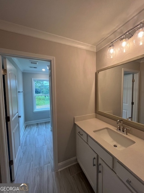 bathroom featuring crown molding and vanity