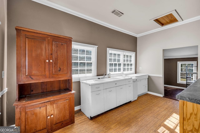 kitchen with sink, crown molding, light hardwood / wood-style floors, and a healthy amount of sunlight