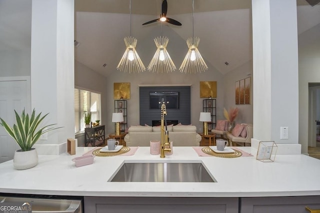 kitchen featuring lofted ceiling and stainless steel dishwasher