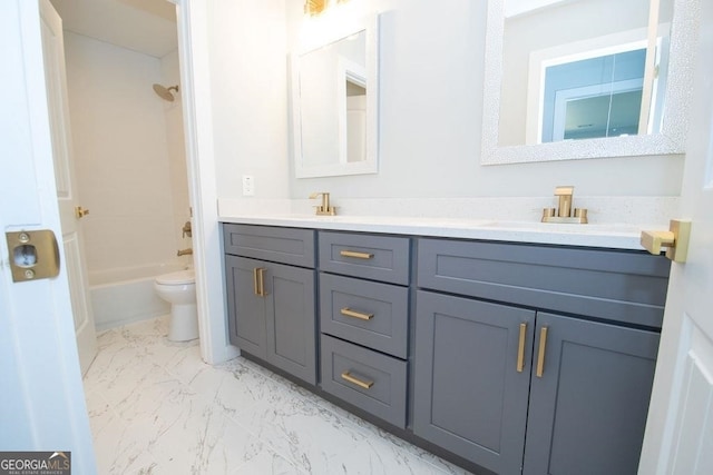 full bathroom featuring toilet, double vanity, tile floors, and shower / tub combination