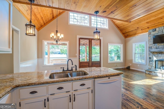 228 Harris Rd, Jackson, GA 30233 - kitchen featuring wooden ceiling, dark hardwood / wood-style floors, pendant lighting, a stone fireplace, and dishwasher