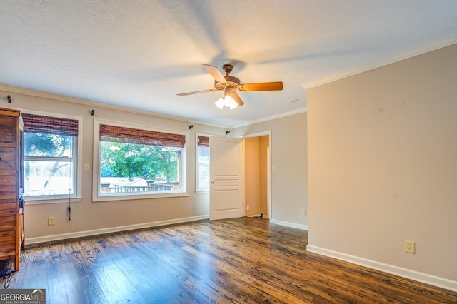 228 Harris Rd, Jackson, GA 30233 - unfurnished room featuring ceiling fan, a textured ceiling, ornamental molding, and dark wood-type flooring