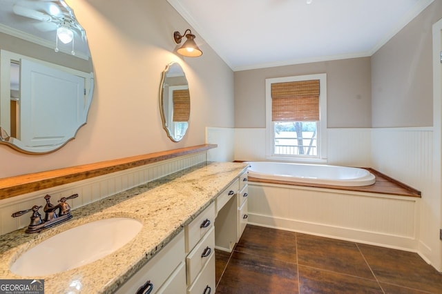 228 Harris Rd, Jackson, GA 30233 - bathroom with oversized vanity, ceiling fan, tile floors, ornamental molding, and a bath
