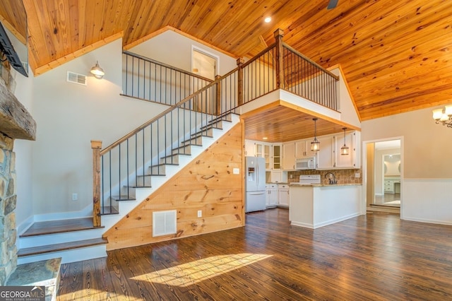 228 Harris Rd, Jackson, GA 30233 - unfurnished living room with wooden ceiling, dark hardwood / wood-style floors, a chandelier, high vaulted ceiling, and sink