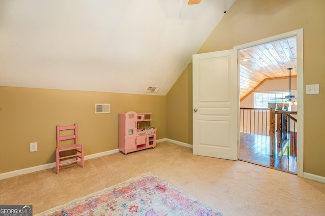 228 Harris Rd, Jackson, GA 30233 - game room featuring ceiling fan, lofted ceiling, and carpet flooring