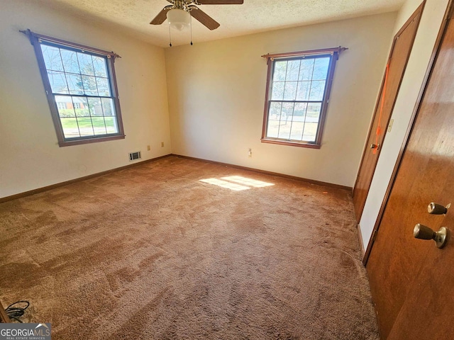 carpeted empty room featuring a textured ceiling, ceiling fan, and a healthy amount of sunlight