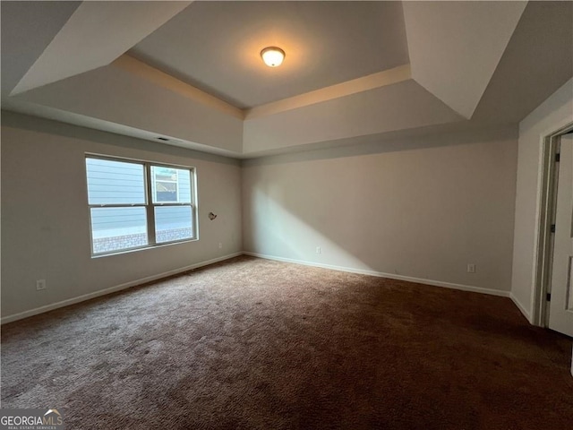 carpeted empty room with a raised ceiling