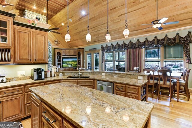 kitchen with ceiling fan, wood ceiling, light stone countertops, and sink