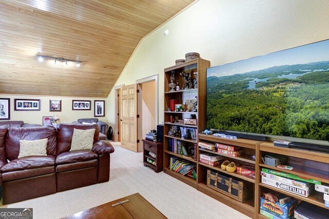 living room featuring lofted ceiling, carpet floors, and wooden ceiling