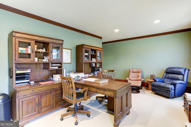 office featuring light carpet and ornamental molding