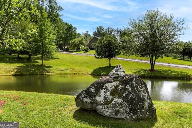 view of property's community with a water view and a lawn