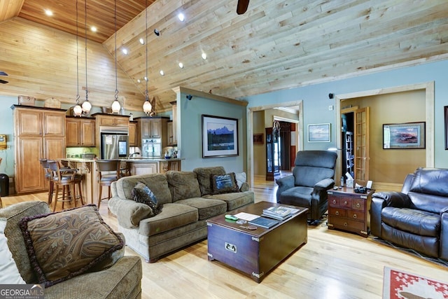 living room with wooden ceiling, high vaulted ceiling, ceiling fan, and light hardwood / wood-style floors