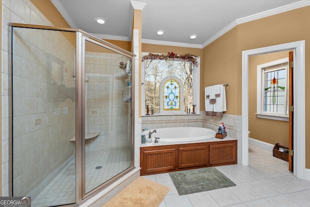 bathroom featuring ornamental molding, tile flooring, and plus walk in shower