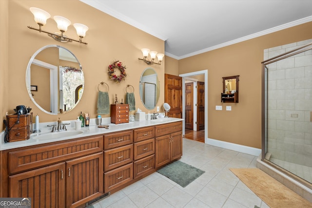 bathroom featuring walk in shower, vanity with extensive cabinet space, tile floors, ornamental molding, and dual sinks