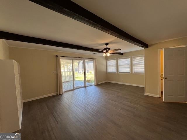 unfurnished living room with dark hardwood / wood-style floors, beam ceiling, and ceiling fan