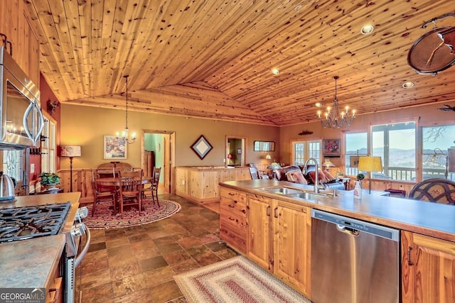 kitchen with sink, wood ceiling, stainless steel appliances, decorative light fixtures, and a notable chandelier