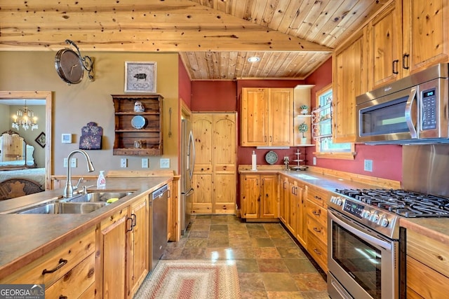 kitchen with sink, wood ceiling, hanging light fixtures, stainless steel appliances, and lofted ceiling