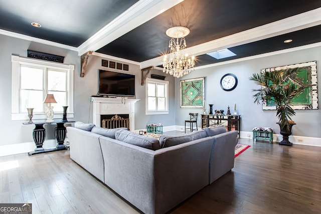 living room featuring dark hardwood / wood-style flooring, crown molding, a chandelier, and beamed ceiling