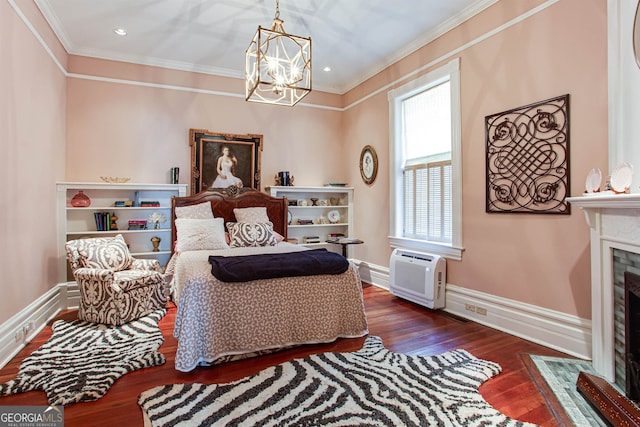 bedroom with an inviting chandelier, crown molding, and dark wood-type flooring