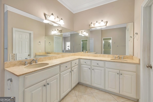 bathroom featuring crown molding, tile flooring, and dual vanity